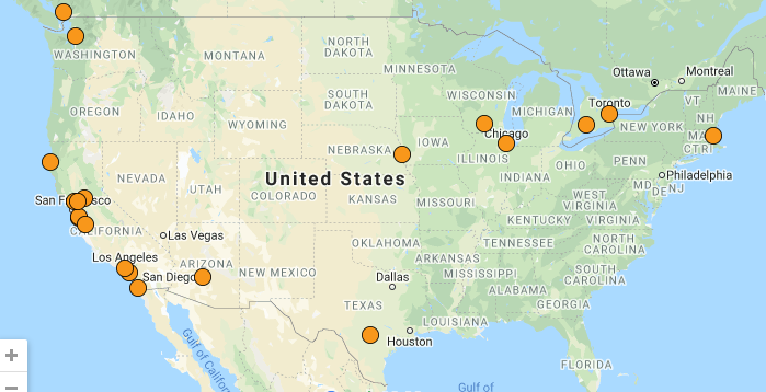 Map of confirmed Coronavirus cases in the USA as of 2/28/2020
